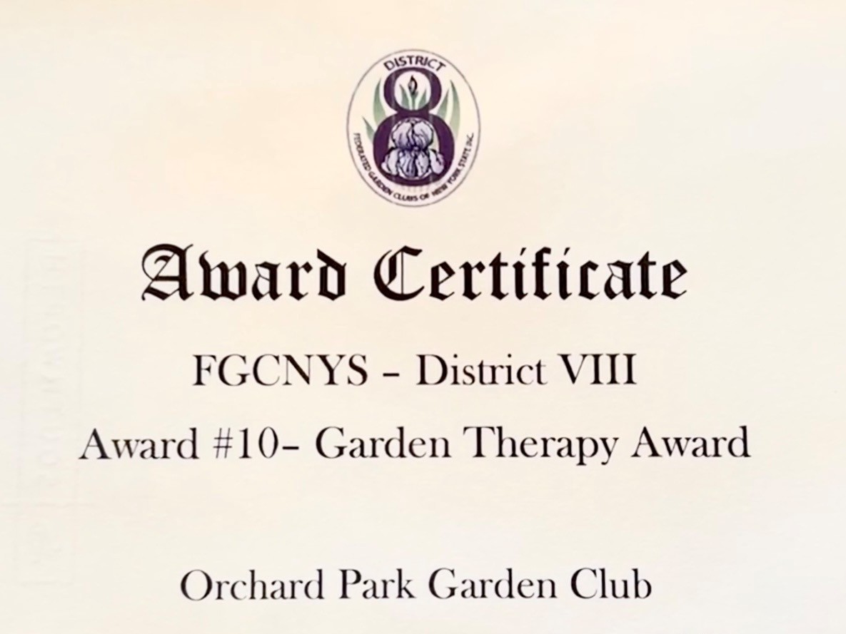 Garden Therapy Award certificate, District VIII Luncheon, April 2026