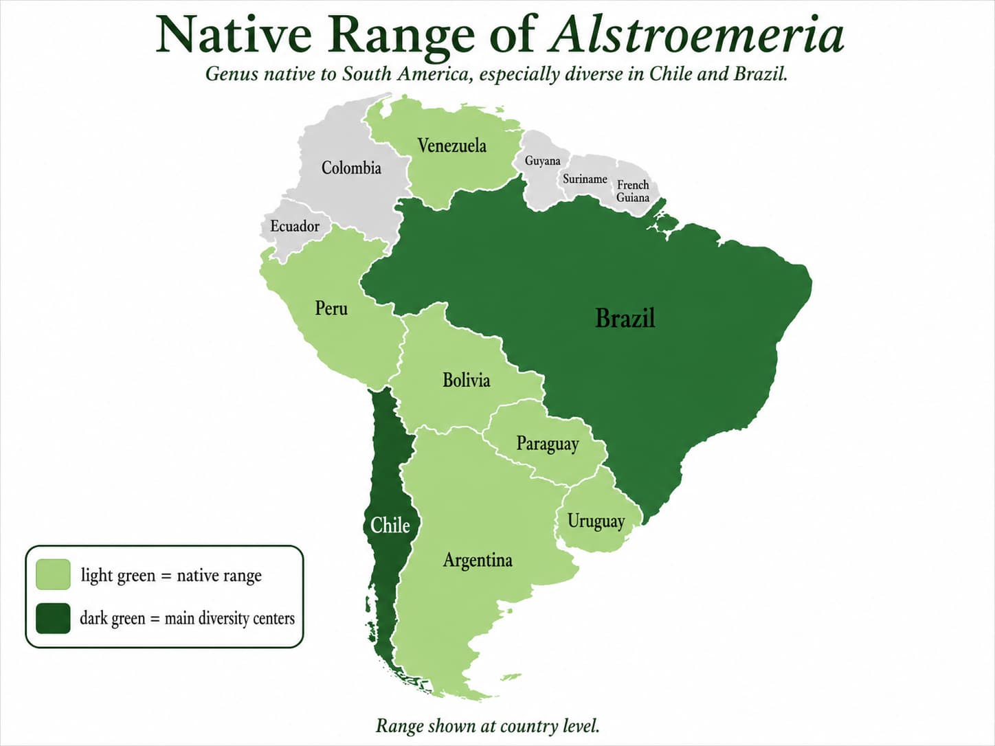 Map of the native range of Alstroemeria in South America