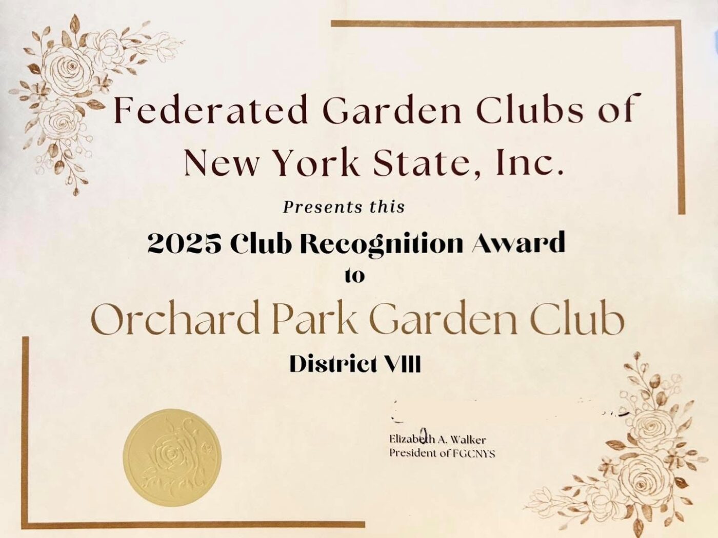FGCNYS Club Recognition Award certificate, District VIII Fall Luncheon, 2026