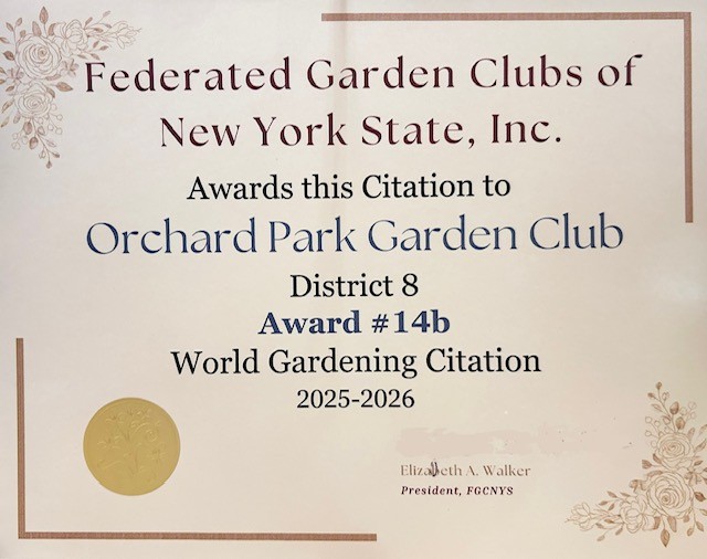 FGCNYS District 8 World Gardening Club Citation certificate, District VIII Fall Luncheon, 2026